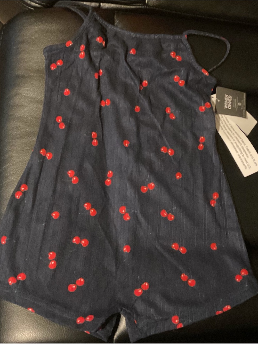 Grayson Threads Navy Blue One-Piece Romper with Red Cherry Print